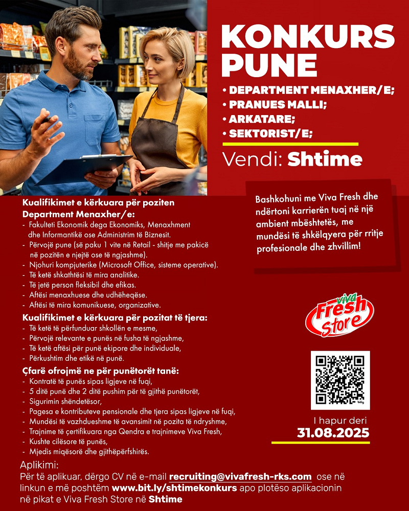 Department Menaxher/e, Pranues Malli, Arkatare, Sektorist/e - Shtime
